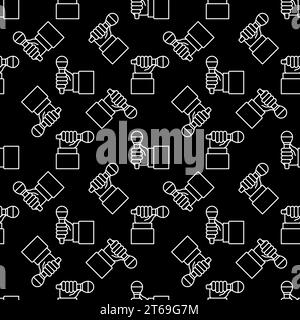 Hand with Handheld Mic outline vector seamless pattern with black background Stock Vector