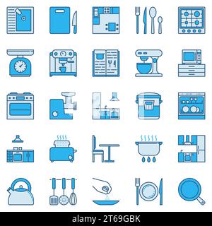 Kitchen Appliances, Utensils and other objects for Cooking modern blue vector concept icons or design elements Stock Vector