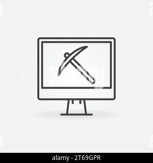 Pick Axe on Computer Display line icon. Data Mining vector concept symbol in outline style Stock Vector