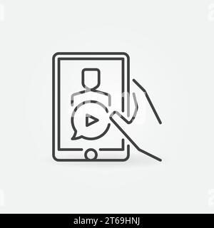 Hand with tablet outline icon. Watching Vlogs vector linear concept sign or design element Stock Vector