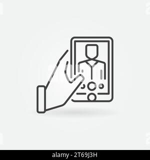 Selfie concept outline icon. Hand with Smartphone vector linear symbol Stock Vector