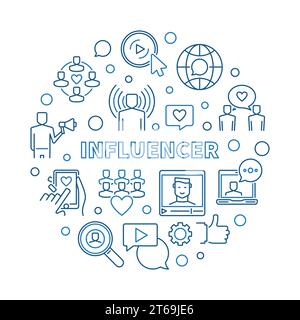 Influencer vector round concept simple illustration in thin line style Stock Vector