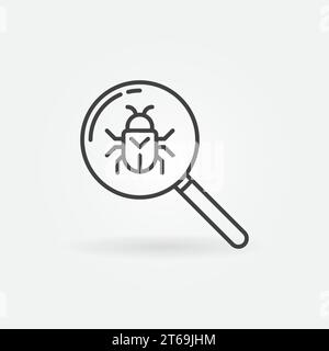 Bug in Magnifier vector concept minimal icon in thin line style Stock Vector
