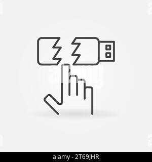 Corrupted USB Flash Drive and Hand vector outline icon or symbol Stock Vector
