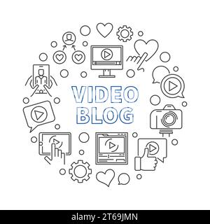 Video Blog vector round concept illustration in thin line style Stock Vector