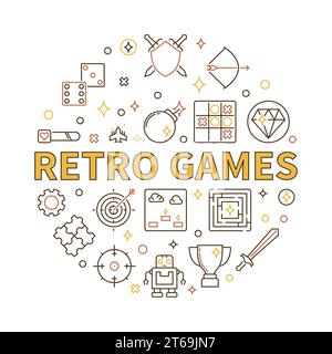 Retro Games vector concept round illustration in outline style Stock Vector
