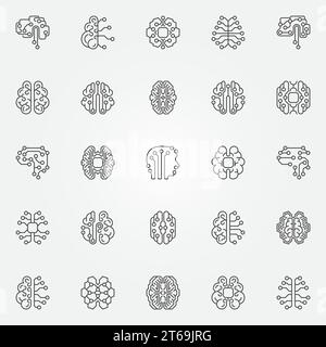 Digital Brain outline icons set. Cyberbrain and creative Smart Human Brain as digital circuit board vector concept symbols in thin line style Stock Vector