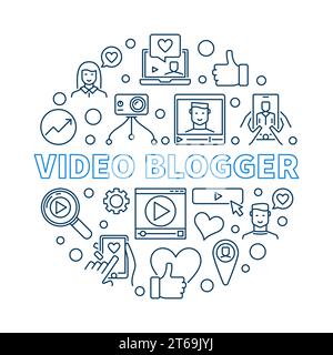 Video Blogger vector round concept illustration in thin line style Stock Vector