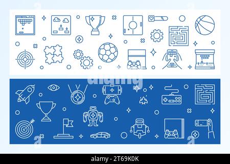 Games concept horizontal banners. Vector illustration in outline style Stock Vector