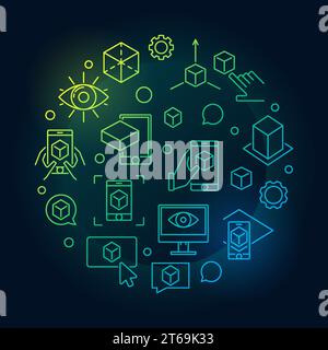 Augmented reality circular vector colored illustration made with AR line icons on dark background Stock Vector