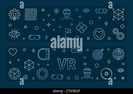 Set of 2 VR concept blue linear banners. Vector Virtual Reality modern illustration on dark background Stock Vector