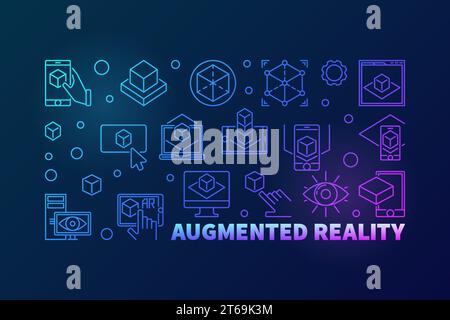 Augmented reality bright vector horizontal illustration made with AR outline icons on dark background Stock Vector
