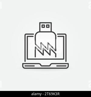 Laptop with Damaged USB memory stick vector thin line icon. Data lost concept linear symbol Stock Vector