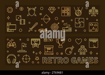 Set of two Retro Games concept outline golden banners. Vector illustration in thin line style on dark background Stock Vector