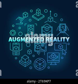 Augmented reality vector blue round illustration. AR outline icons in circle shape on dark background Stock Vector