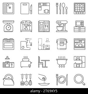 Kitchen outline icons set - vector Furniture, Appliances and Utensils linear concept symbols Stock Vector