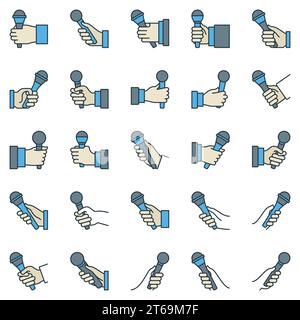 Microphone in hand outline colorful vector icons set. Interview or news creative symbols or logo elements Stock Vector