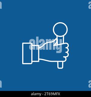 Hand with Handheld Mic outline vector concept icon on blue background Stock Vector