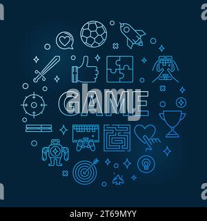 Game vector round blue concept outline illustration on dark background Stock Vector