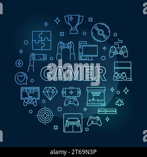 Gamer vector round concept blue thin line illustration on dark background Stock Vector