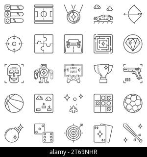 Video Games and Entertainment vector icons set in thin line style. Game outline concept symbols Stock Vector