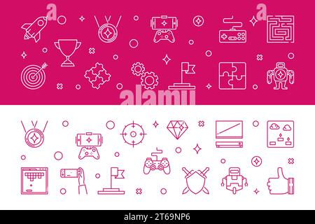 Games banners. Vector Game concept horizontal illustration in thin line style Stock Vector
