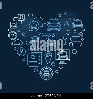 Taxi Job Heart vector concept linear blue illustration on dark background Stock Vector