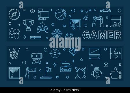 Gamer concept blue horizontal banners in outline style. Vector illustration on dark background Stock Vector