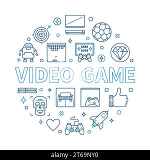 Video Game vector round concept modern linear illustration on white background Stock Vector