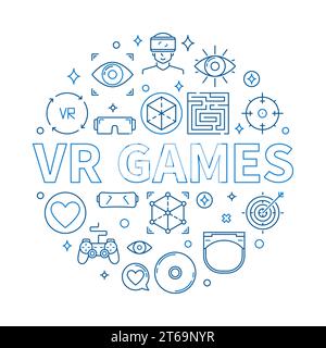 VR Games vector round concept illustration in thin line style Stock Vector