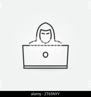 Hacker outline icon. Man with Laptop vector concept linear symbol Stock Vector