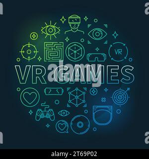 Vector VR Games round concept colorful outline illustration on dark background Stock Vector