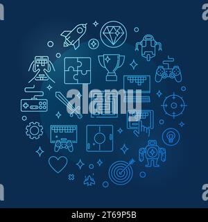 Vector Video Games concept round blue thin line illustration or banner on dark background Stock Vector