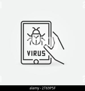 Hand holding Tablet with Virus vector concept icon in outline style Stock Vector