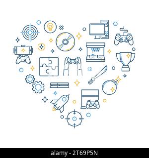 Video Game outline vector icons in Heart shape. I Love to play Video Games concept creative illustration in thin line style Stock Vector