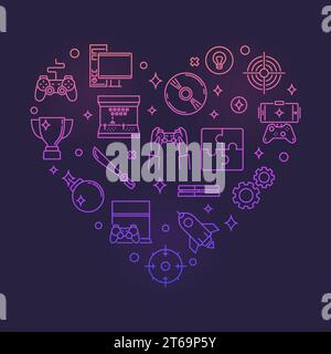 Video Games Heart concept colorful outline illustration for gamers on dark background Stock Vector