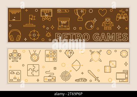 Set of two Retro Games concept linear horizontal banners. Vector illustration in outline style Stock Vector
