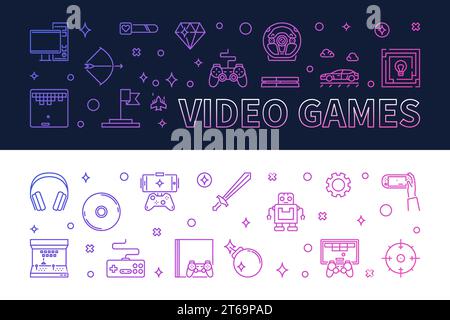 Set of 2 Video Games concept outline modern banners - vector illustration Stock Vector