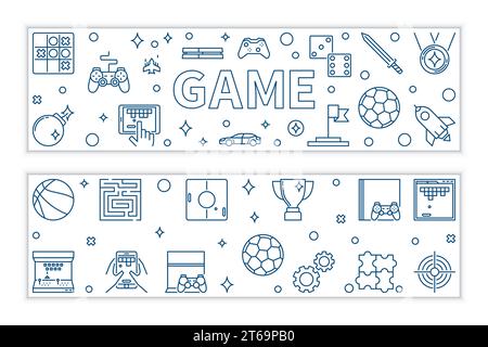 Set of 2 Game banners. Games concept vector horizontal illustration in thin line style Stock Vector