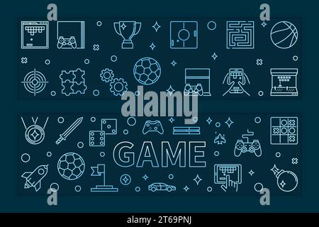 Set of 2 Game blue outline banners. Games concept vector modern horizontal illustration on dark background Stock Vector