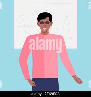 A man gives a presentation with a pen in his hands. Business and fashion concept. Flat vector illustration Stock Vector