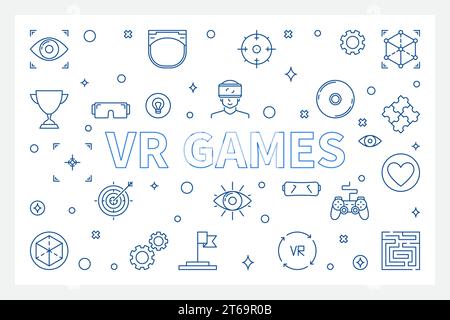 VR Games concept horizontal illustration in thin line style. Vector banner Stock Vector