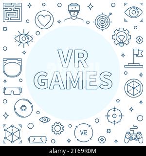 VR Games concept outline frame. Vector Virtual Reality Games illustration in thin line style Stock Vector