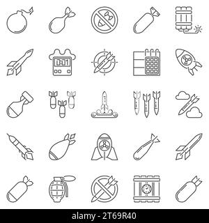 Missile and Air Bomb outline icons set - vector military concept symbols in thin line style Stock Vector