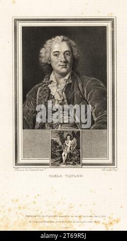 Portrait of Charles-Andre van Loo, French subject painter 1705-1765, son of the painter Louis-Abraham van Loo. Medallion shows Cupid. Steel engraving by John Corner after a portrait by Pierre-Charles Le Sueur from Portraits of Celebrated Painters with Medallions from their Best Performances, Longman, Hurst, Rees, Orme & Brown, London, 1825. Stock Photo