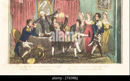 Drunken scene at a wedding party in an English Regency parlour. The groom's drunk father carried out by two liveried servants. Admiral Bowsprit and rescued odalisk Ellen celebrate their marriage with their drunken fathers and amputee Captain Bomb. Handcoloured copperplate engraving by Charles Williams from The Post Captain, or Adventures of a True British Tar by a Naval Officer, J. Johnston, London, 1817. Attributed to Alfred Thornton or John Mitford. Stock Photo