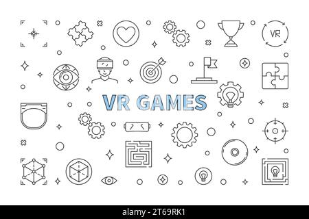VR Games vector concept horizontal outline illustration on white background Stock Vector