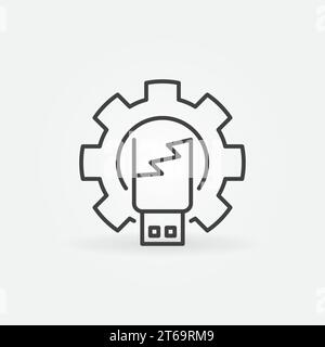 Broken USB in Gear vector concept icon or symbol in thin line style Stock Vector