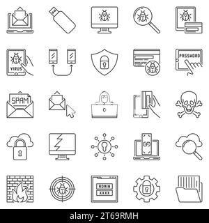 Hacker and Computer Virus outline icons set. Vector Cyber Security linear concept symbols Stock Vector