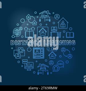 Distance Learning vector concept round thin line blue illustration on dark background Stock Vector